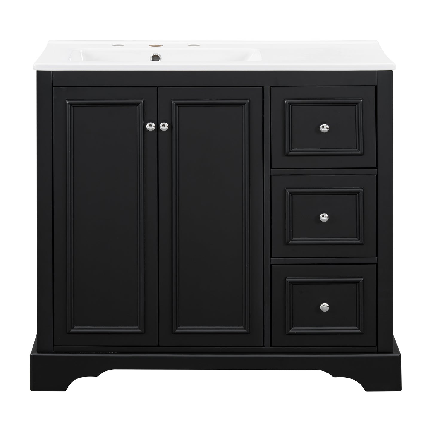 36'' Transitional Bathroom Vanity with Ceramic Sink, Black Painted Finish, Solid Wood Frame, Soft-Close Doors, Adjustable U-Shaped Shelf, 3 Drawers Including Divided Drawer