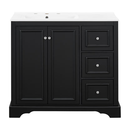 36'' Transitional Bathroom Vanity with Ceramic Sink, Black Painted Finish, Solid Wood Frame, Soft-Close Doors, Adjustable U-Shaped Shelf, 3 Drawers Including Divided Drawer