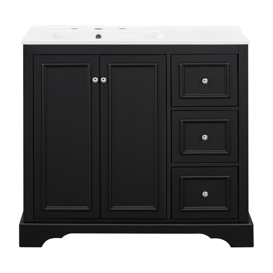 36'' Transitional Bathroom Vanity with Ceramic Sink, Black Painted Finish, Solid Wood Frame, Soft-Close Doors, Adjustable U-Shaped Shelf, 3 Drawers Including Divided Drawer