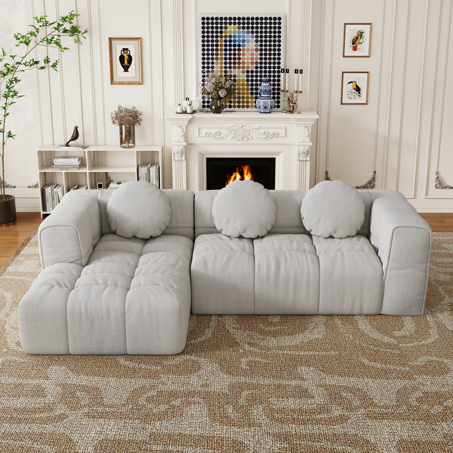 Modern upholstered combination sofa set, fully compressed modular 103' L-shaped combination living room sofa set with 3 pillows, free combination sofa for living room and bedroom (left side recliner)