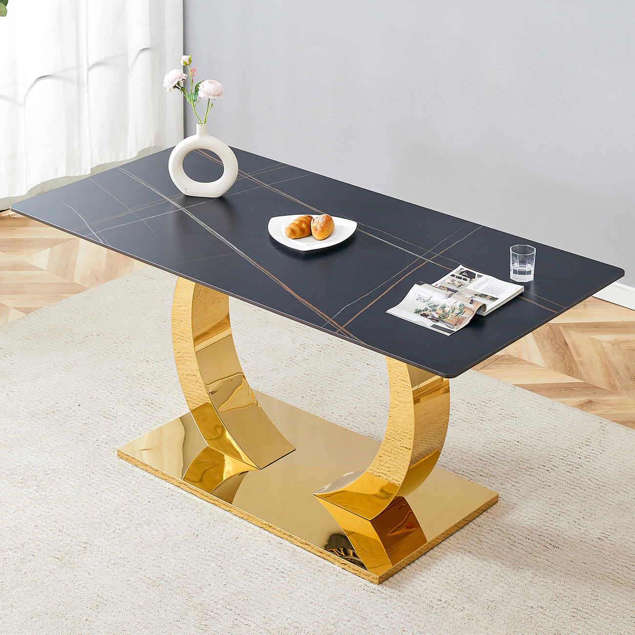 63 x 31.5 x 30-inch Sintered Stone Dining Table - A Perfect Blend of Durability and Elegance.Rock slab desktop,Burnt Stone with Black Marble Texture sticker,Golden stainless steel metal table legs.