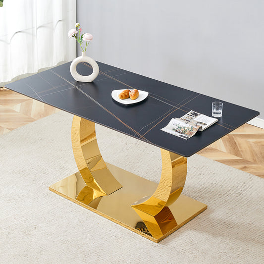 63 x 31.5 x 30-inch Sintered Stone Dining Table - A Perfect Blend of Durability and Elegance.Rock slab desktop,Burnt Stone with Black Marble Texture sticker,Golden stainless steel metal table legs.