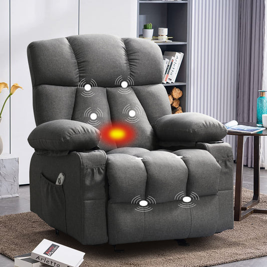 Recliner Chair ,with vibration massage and heating ergonomic living room adult lounge chair, with swing function and side pockets, 2 cup holders, USB charging port, gray