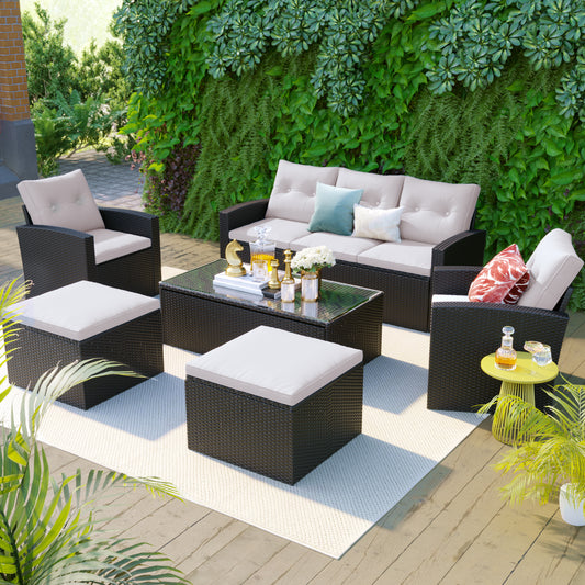GO 6-piece All-Weather Wicker PE rattan Patio Outdoor Dining Conversation Sectional Set with coffee table, wicker sofas, ottomans, removable cushions (Black wicker, Beige cushion)