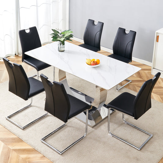 Table and chair set.63x31.5x30-inch Sintered Stone Dining Table - A Perfect Blend of Durability and Elegance.Paired with 6 Uniquely designed Black Dining Chairs With Silver Metal Leg.