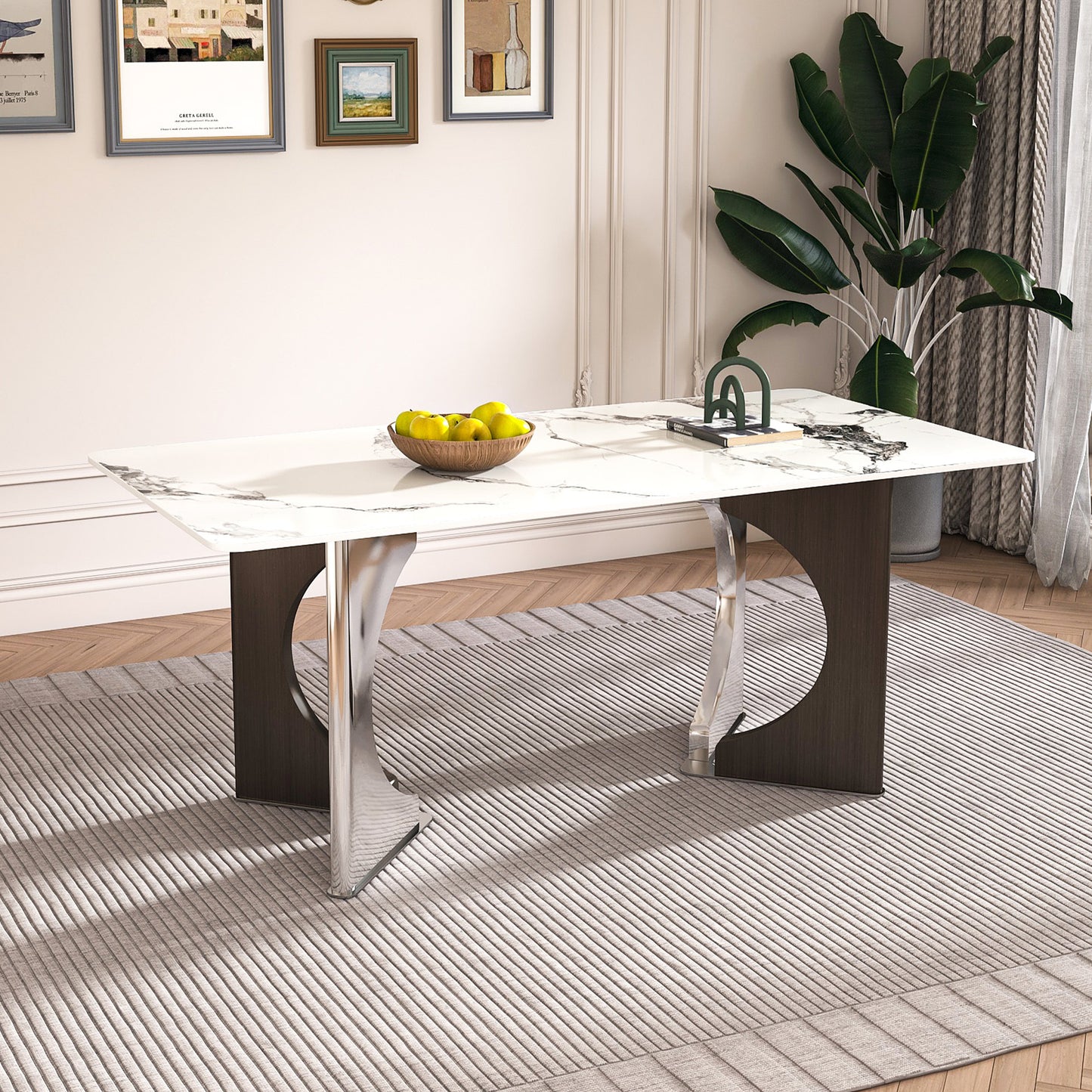 Marble Dining Table for 6-8, 71' Modern Luxury Dining Room Table for Kitchen, Carrara Gold Rectangular Table with Stainless Steel Base