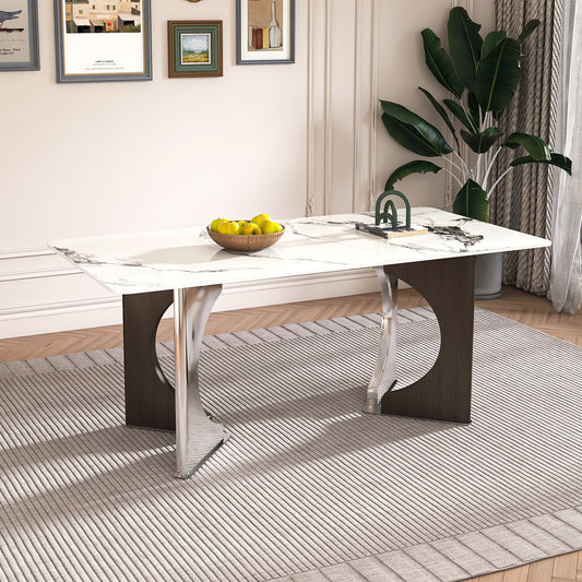 Marble Dining Table for 6-8, 71' Modern Luxury Dining Room Table for Kitchen, Carrara Gold Rectangular Table with Stainless Steel Base