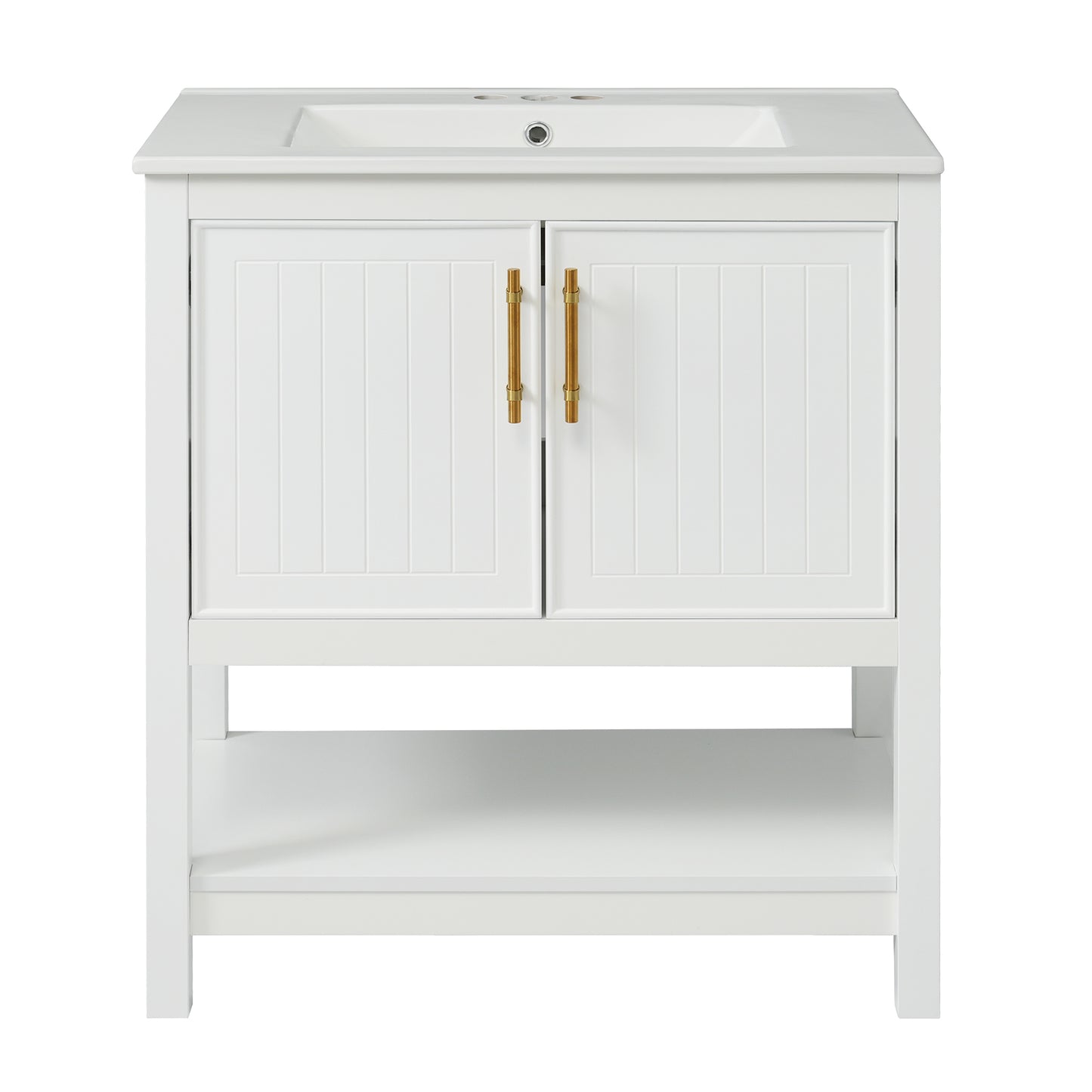 Elegant White 30-Inch Bathroom Vanity with Ceramic Sink and Ample Storage, Solid Wood and MDF
