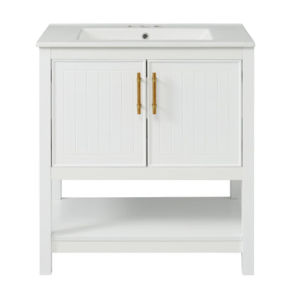 Elegant White 30-Inch Bathroom Vanity with Ceramic Sink and Ample Storage, Solid Wood and MDF