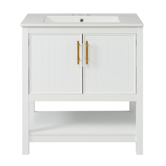 Elegant White 30-Inch Bathroom Vanity with Ceramic Sink and Ample Storage, Solid Wood and MDF