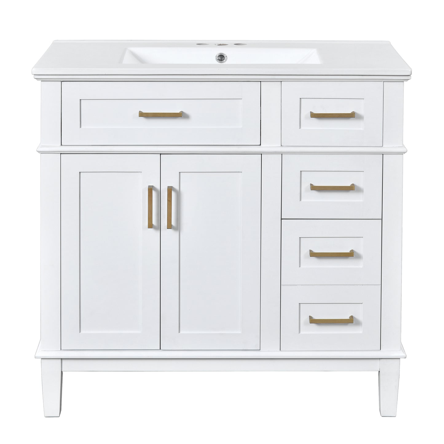 Modern White Bathroom Vanity with Ceramic Sink, Soft Close Doors, and Storage Drawers, 36-Inch