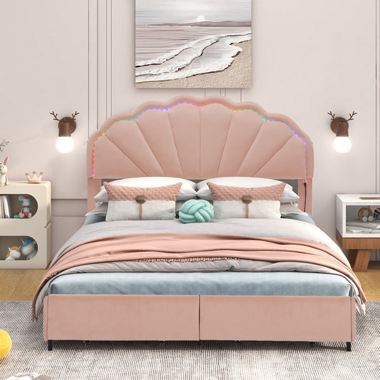 Full Size Upholstered Smart LED Bed Frame with 2 Storage Drawers and Chic Double Petal Headboard , Princess Platform Bed with Smart LED Light for Girls, No Box Spring Needed, Pink