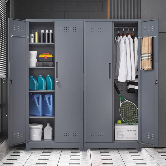 Metal Storage Cabinets, Cleaning Tool Cabinet with Locking Door, Tall Broom Tool Organizer and Storage, Large Storage Cabinet for Kitchen, Pantry, Office, Shop