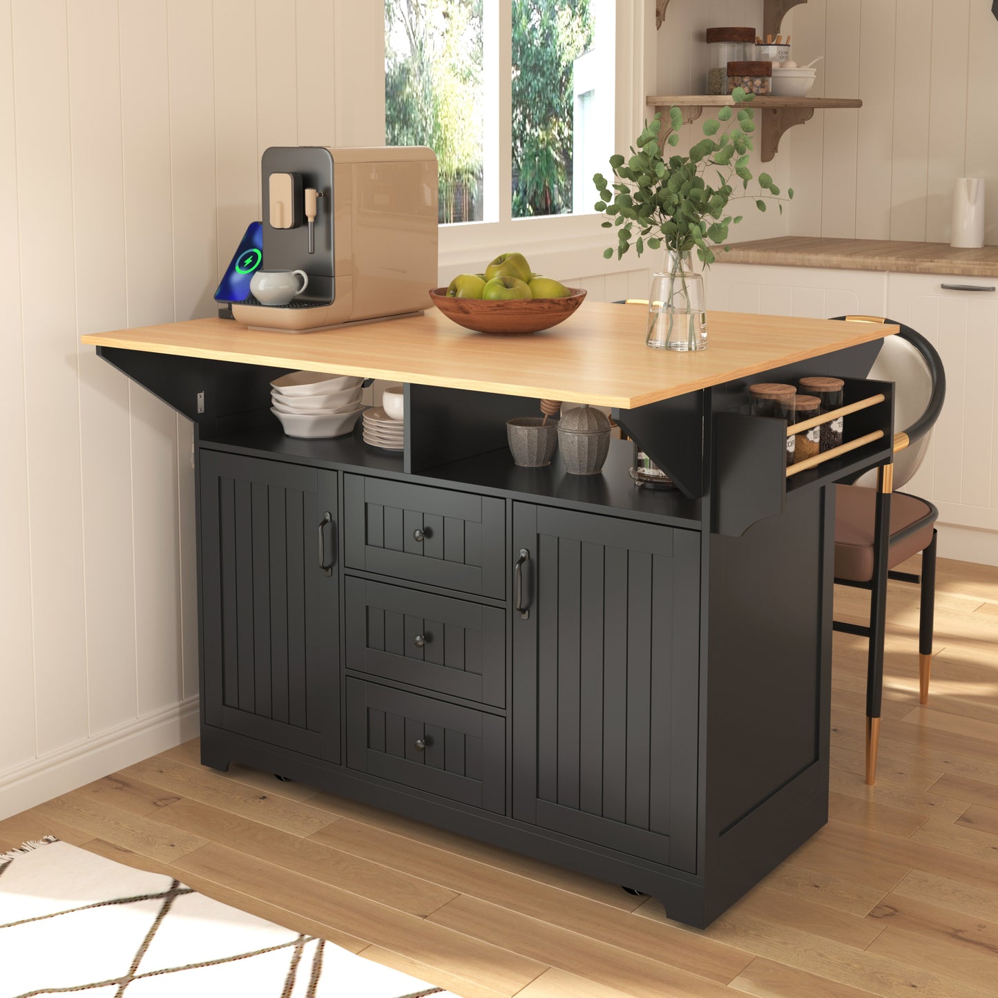 K&K 55.7'' Large Kitchen Island with 2 Drop Leaf,, Rolling Kitchen Cart on 5 Wheels with Power Outlet, Folding Storage Dining Table with Spice & Towel Rack , 3 Drawers, for Kitchen, Dining Room,Black