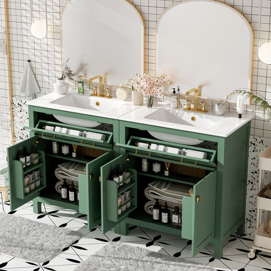 60' Modern Green Bathroom Vanity Set with Double Vanities (Separate), Double Ceramic Sinks, Adjustable Shelf, Soft Close Doors and Flip Drawer– Modern Bathroom Solution for Spacious Bathrooms