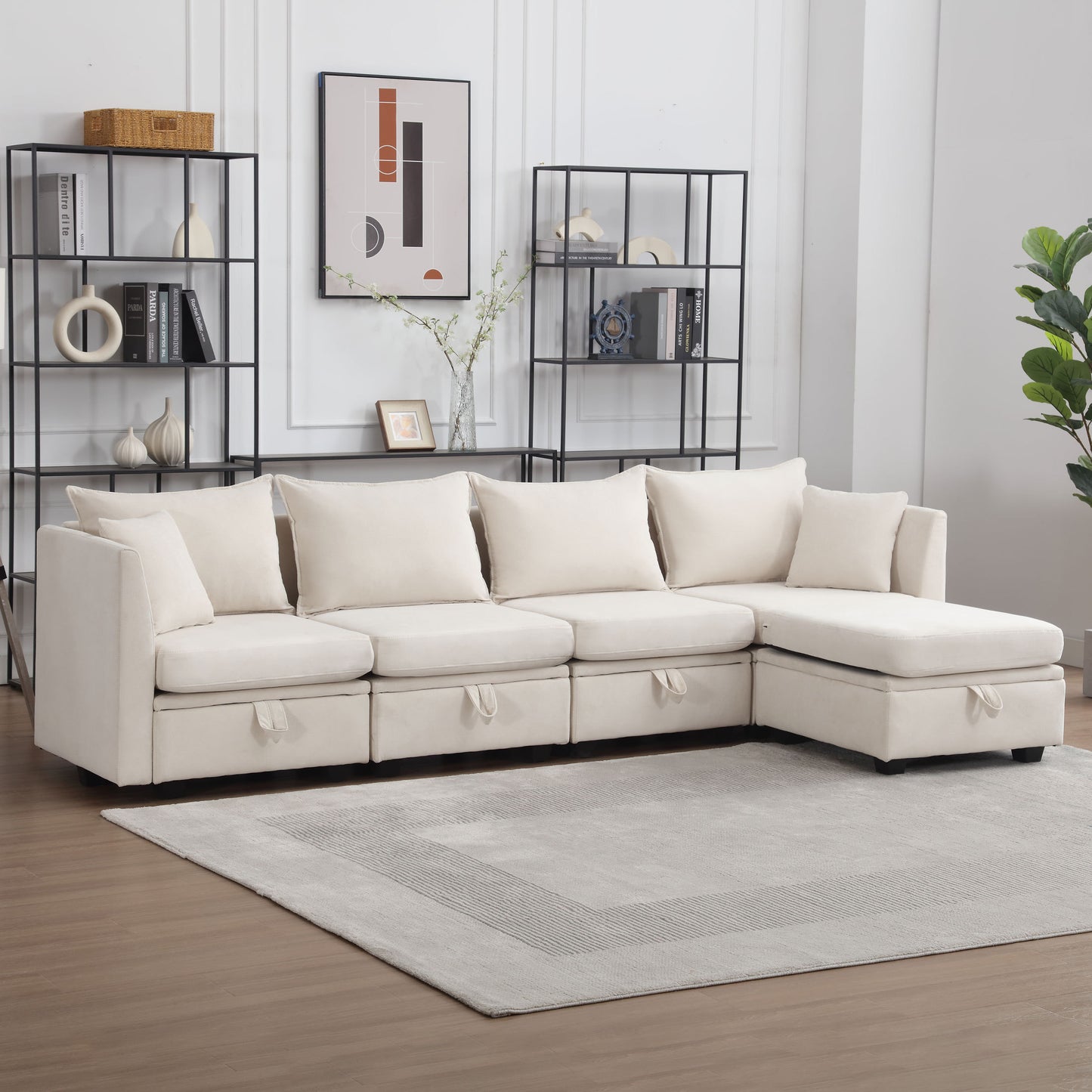 Modular Sectional Sofa, Convertible Sofa Couch with Storage, Sleeper Sectional Sofa Set, Flexible Modular Combinations Fabric Couch for Living Room (Beige,5 Seat Sofa)