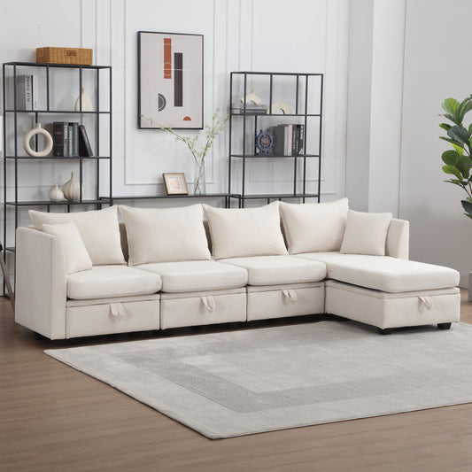 Modular Sectional Sofa, Convertible Sofa Couch with Storage, Sleeper Sectional Sofa Set, Flexible Modular Combinations Fabric Couch for Living Room (Beige,5 Seat Sofa)