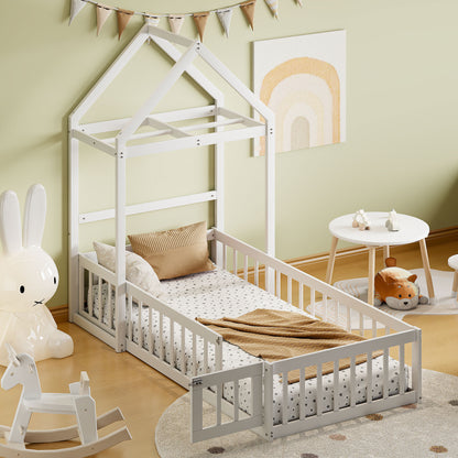 Wooden Floor Bed with Fence Railings and Detachable House Shape Headboard, Twin Size Bed with Kids Dress Up Rack, Kids Montessori Style Playhouse Frame for Girls Boys, White
