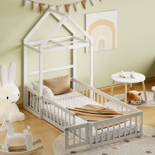 Wooden Floor Bed with Fence Railings and Detachable House Shape Headboard, Twin Size Bed with Kids Dress Up Rack, Kids Montessori Style Playhouse Frame for Girls Boys, White