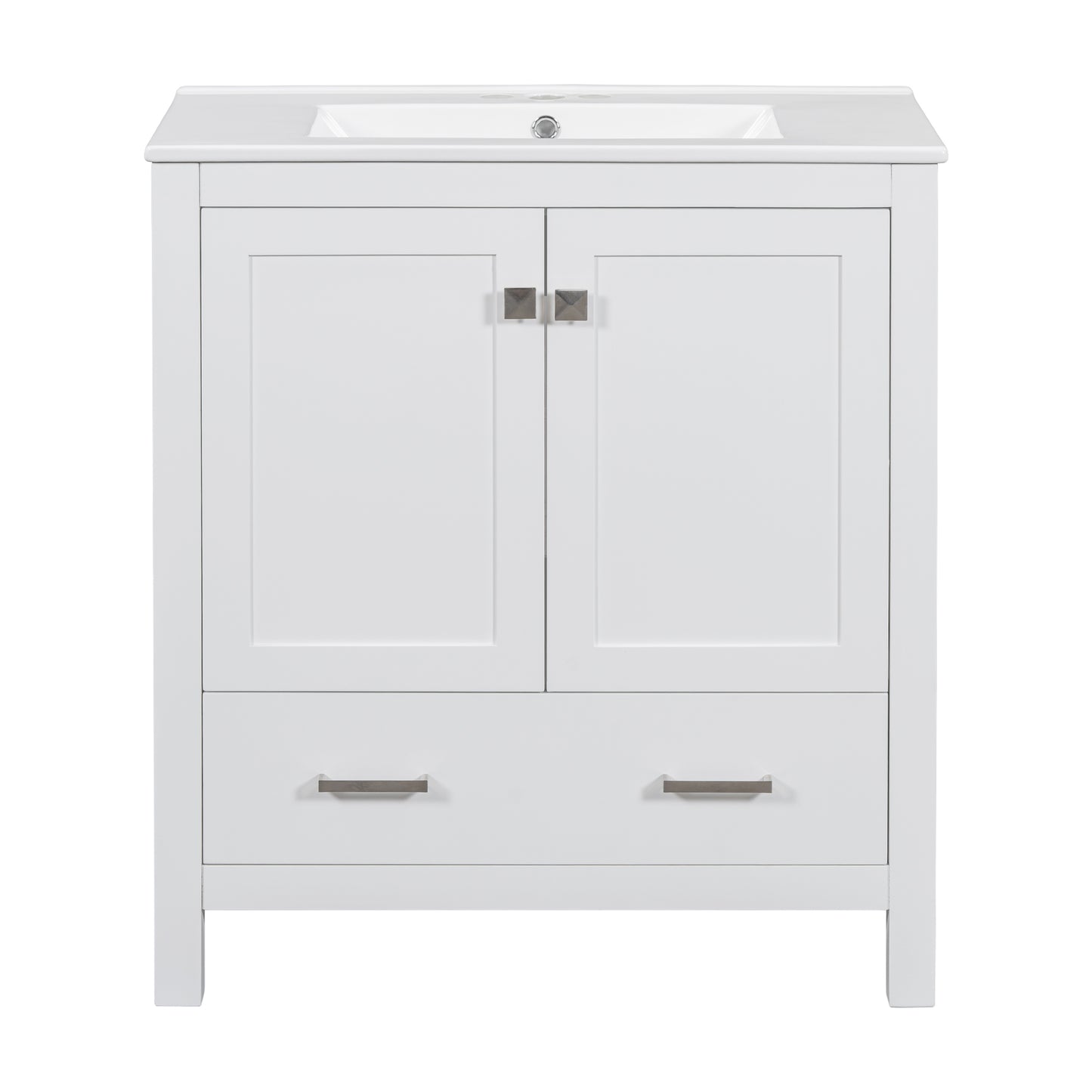 Transitional 30-Inch White Bathroom Vanity with Single Sink, Solid Wood Frame, Soft Closing, Multifunctional Storage