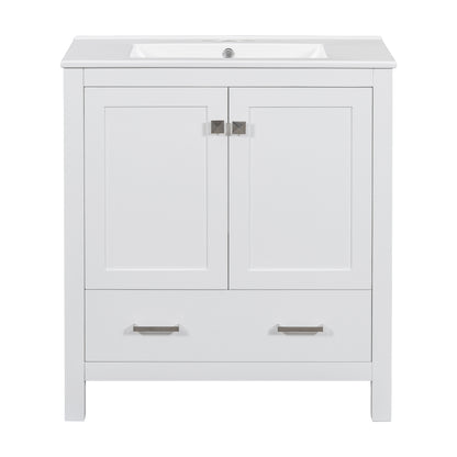 Transitional 30-Inch White Bathroom Vanity with Single Sink, Solid Wood Frame, Soft Closing, Multifunctional Storage