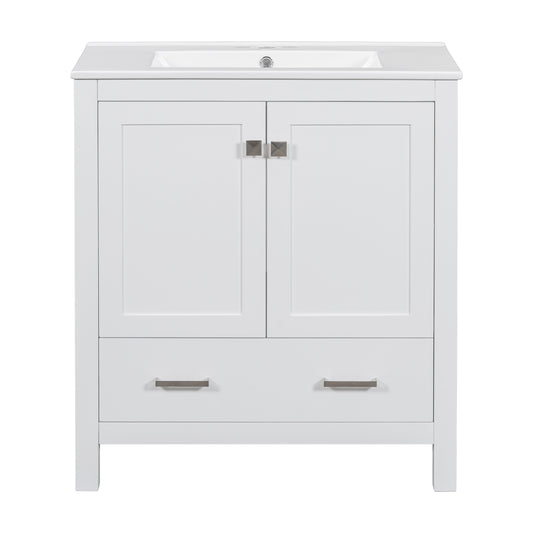 Transitional 30-Inch White Bathroom Vanity with Single Sink, Solid Wood Frame, Soft Closing, Multifunctional Storage