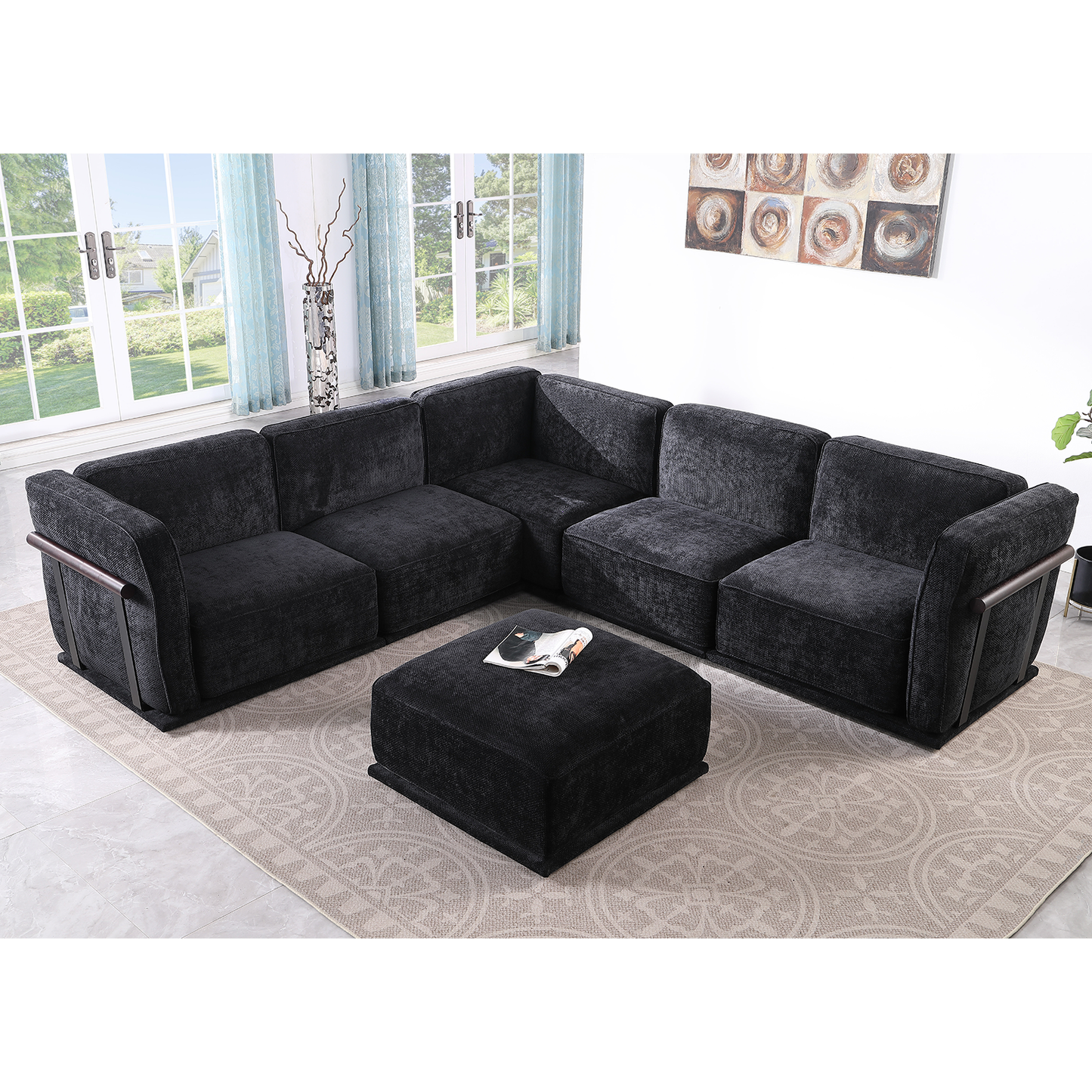 120' length , Fashionable modular sofa with iron and wood frame chenille sofa, black ,uitable for living room