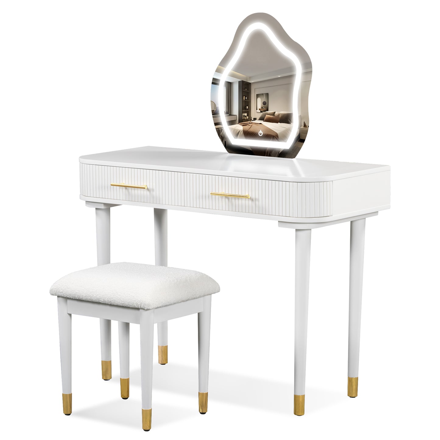 Modern Vanity Table Set with Mirror Touch Screen Lighted Mirror, Dressing Table and Cushioned Stool, White Rubber Wood MDF, 40'