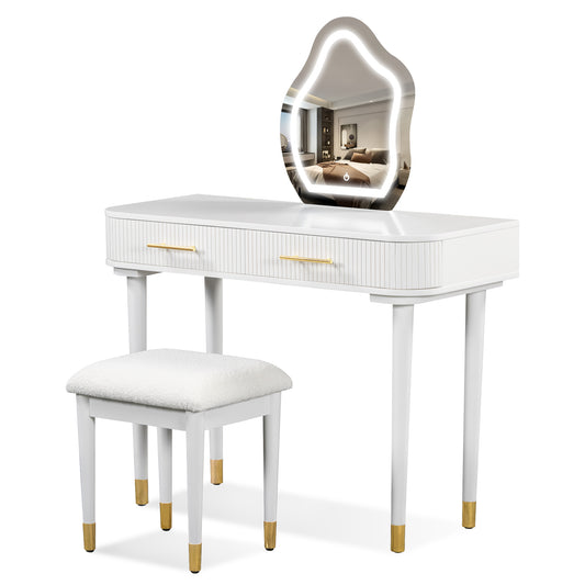 Modern Vanity Table Set with Mirror Touch Screen Lighted Mirror, Dressing Table and Cushioned Stool, White Rubber Wood MDF, 40'