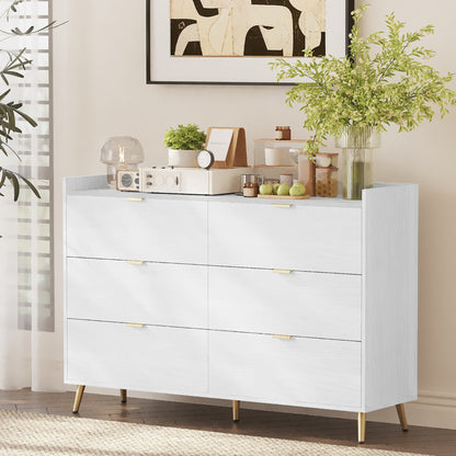 55' Long 6 Drawer Dresser with Marbling Worktop, Mordern Storage Cabinet with Metal Leg and Handle for Bedroom, White