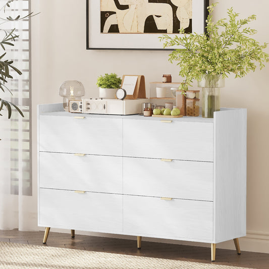 55' Long 6 Drawer Dresser with Marbling Worktop, Mordern Storage Cabinet with Metal Leg and Handle for Bedroom, White