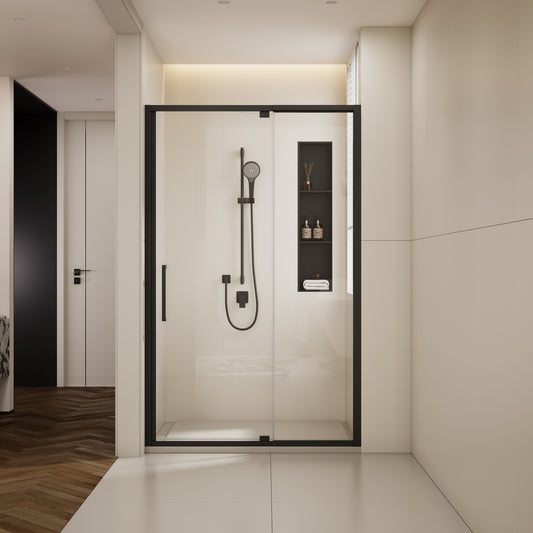 44-48' W x 76' H Scalable adjustable frame Shower Door with 1/4'(6mm) Clear SGCC Tempered Glass,Aluminium Alloy Matte Black Finish Shower Doors,Reversible Installation