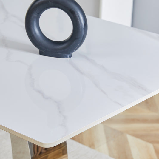 Only Table TOP. 63x31.5-inch White Marble-Textured Slate Dining Table - A Choice of Elegance and Durability.