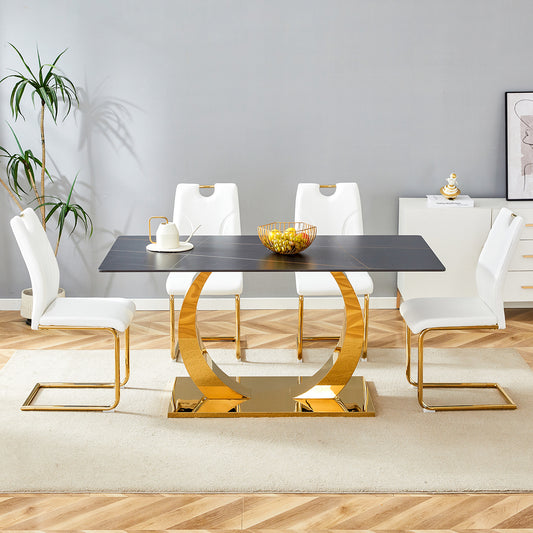 Table and chair set.63x31.5-inch Sintered Stone Dining Table.Paired with 4 Uniquely designed white dining chairs with Golden Metal Leg.Black Texture Design Tabletop,Golden stainless steel table leg.
