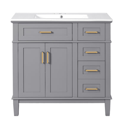 Gray Modern Bathroom Vanity with Ceramic Sink, Soft Close Doors, and Storage Drawers, 36'