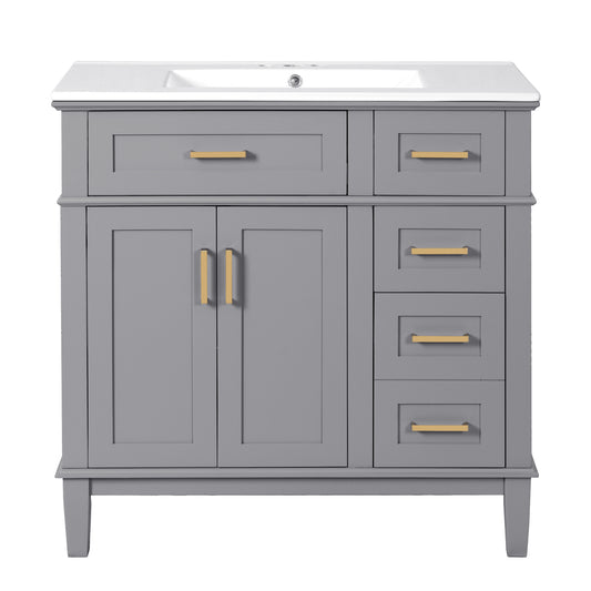 Gray Modern Bathroom Vanity with Ceramic Sink, Soft Close Doors, and Storage Drawers, 36'