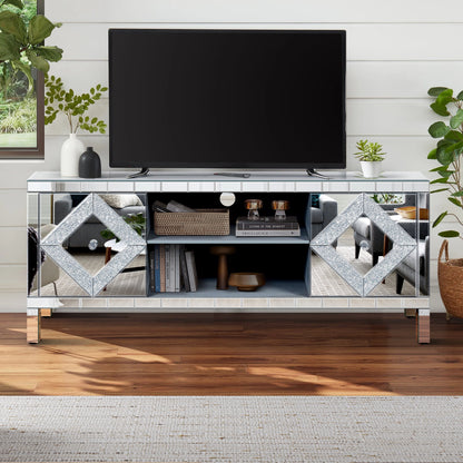 Mirrored TV Stand for 65+ inch TV,Sliver TV Console Table with Open Storage & 2 Storage Cabinets ,Diamond Shape Sparkling Mirror Doors for Living Room(59''W x 25.2''H x 15.7D)