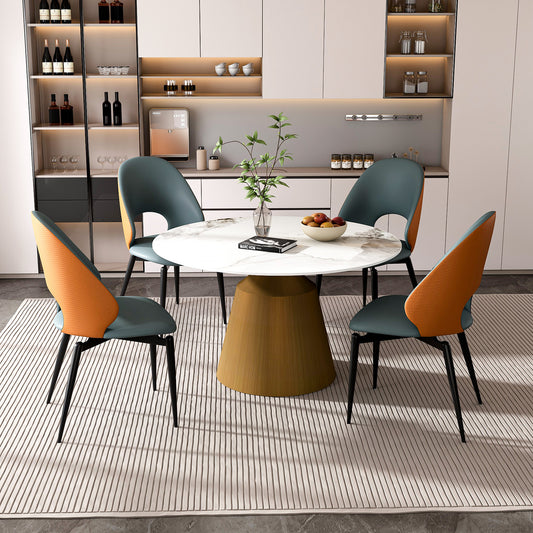 53' Marble Round Dining Table, Sintered Stone Round Dining Table with Stainless Steel Cone Base, Dining Table for Kitchen Dining Room for 4-6 people-Bronzed Base with 4 Chiars