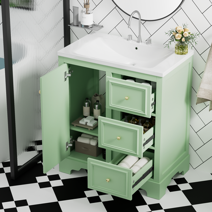 30-Inch bathroom vanity cabinet with ceramic basin, 3 drawers and adjustable shelves