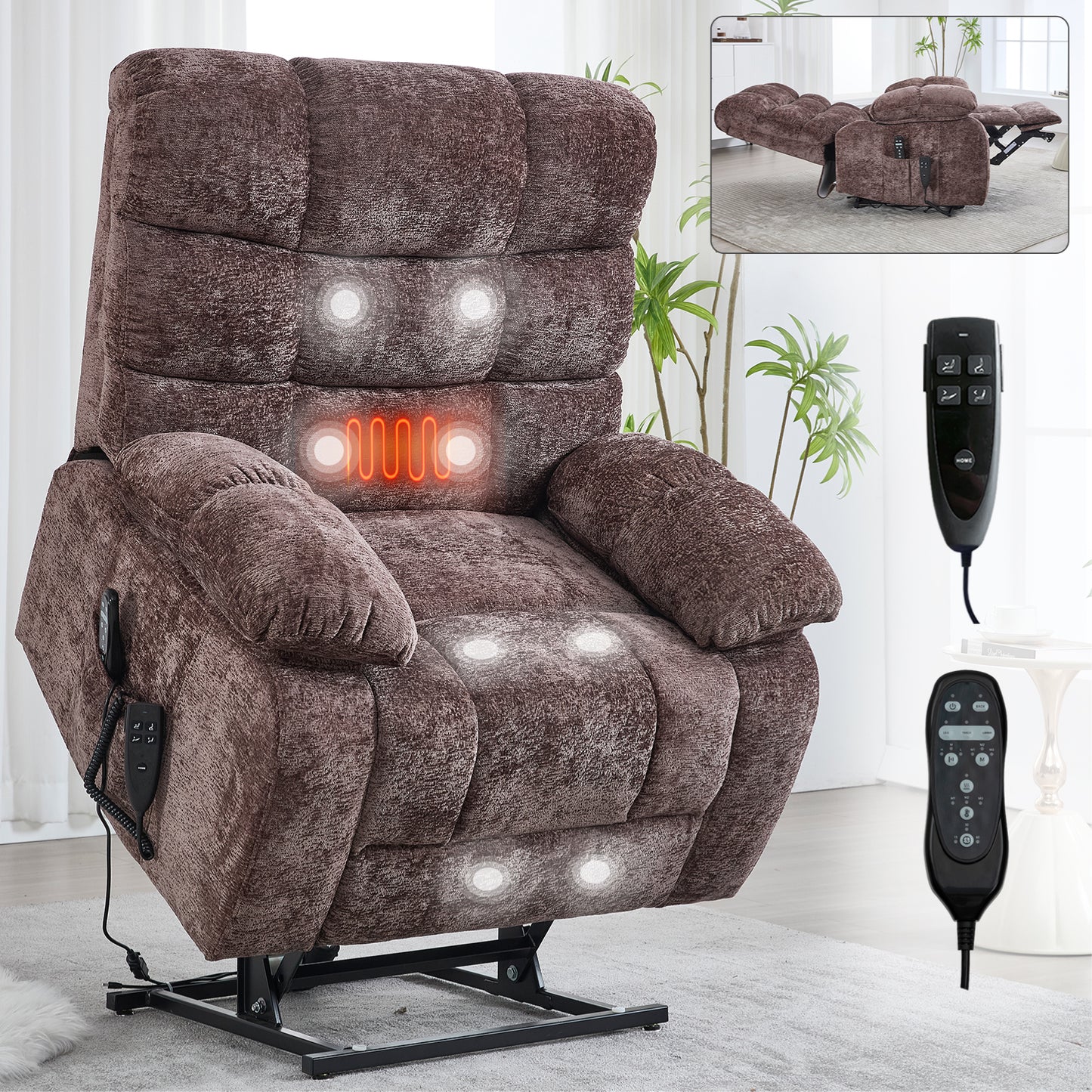 Lift Recliner Chair Heat Massage Dual Motor Infinite Position Up to 350 LBS Large Electric Power Lift Recliners with Power-Remote, Medium-firm and Heavy duty, Brown