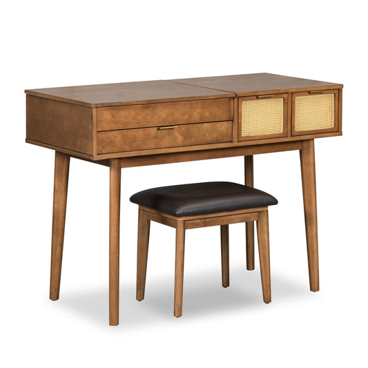 43.3' Classic Wood Makeup Vanity Set with Flip-top Mirror and Stool, Dressing Table with Three Drawers and storage space, Brown
