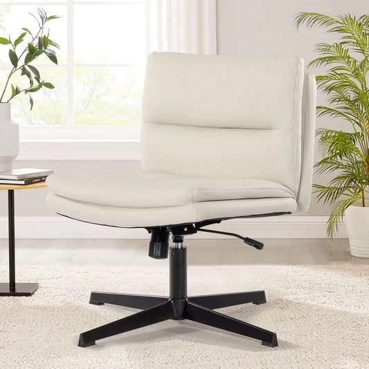 PU Leather Armless Office Desk Chair No Wheels, Home Office Chair, Wide Padded Swivel Vanity Chair,120Rocking Mid Back Ergonomic Computer Task Chair for Make Up