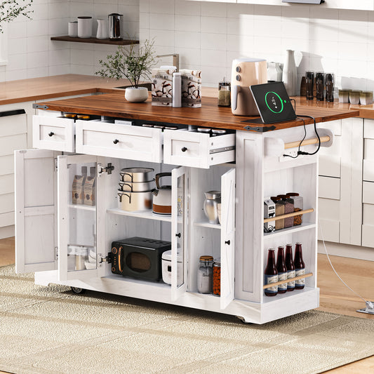 K&K 53'' Farmhouse Kitchen Island with Two Tempered Glass Cabinet Doors, Power Outlet, Rolling Kitchen Cart on Wheels with Drop Leaf, 5 Open Side Racks, 3 Drawers, for Kitchen, Dining Room, White