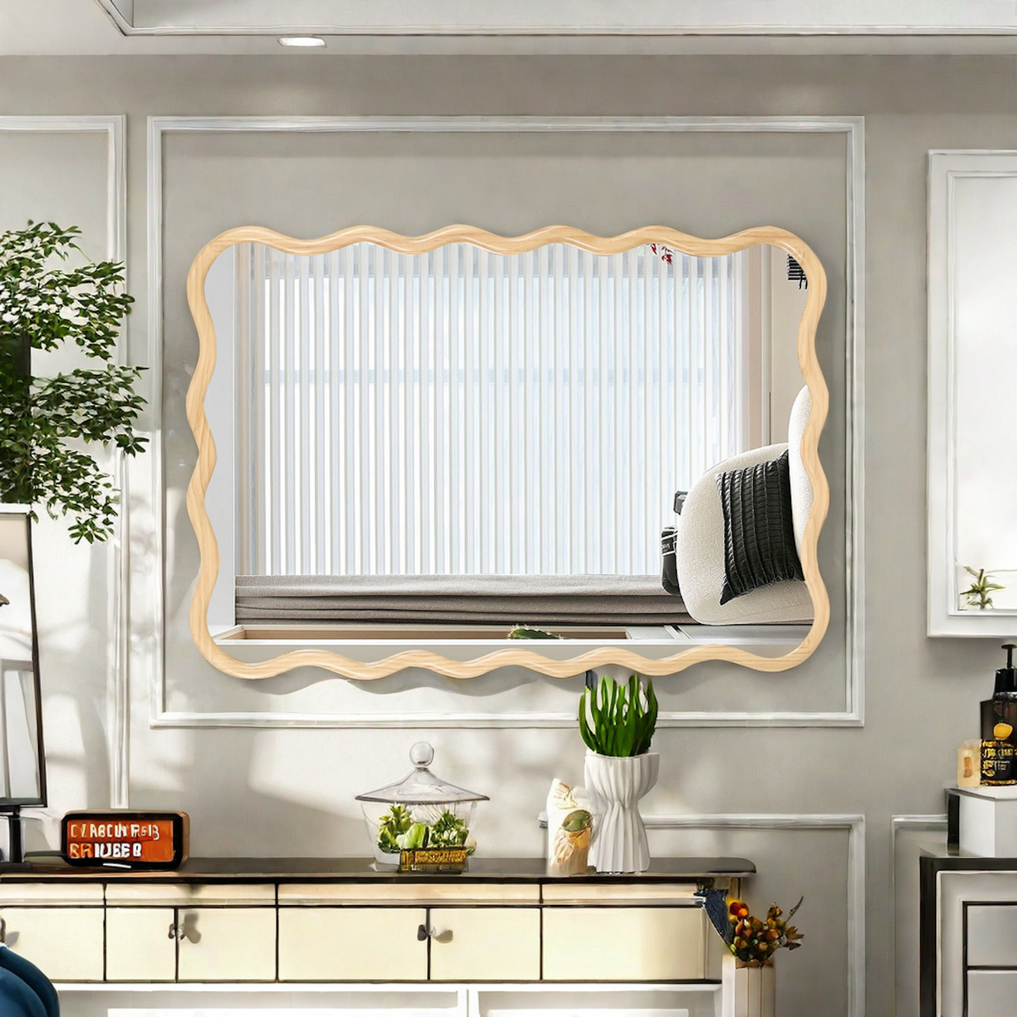 Solid Wood Wavy Rectangle  Mirror-Natural-Wood   40' x 28' Modern Mirror Wall Decor for Bathroom, Bedroom, Living Room, Dining Room, Cloakroom, Entryway