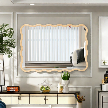 Solid Wood Wavy Rectangle  Mirror-Natural-Wood   40' x 28' Modern Mirror Wall Decor for Bathroom, Bedroom, Living Room, Dining Room, Cloakroom, Entryway