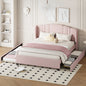 Upholstered Platform Bed with Wingback Headboard, One Twin Trundle and 2 Drawers, No Box Spring Needed, Linen Fabric, Queen Size, Pink