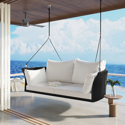 GO 51.9' 2-Person Hanging Seat, Rattan Woven Swing Chair, Porch Swing With Ropes, Black Wicker And White Cushion