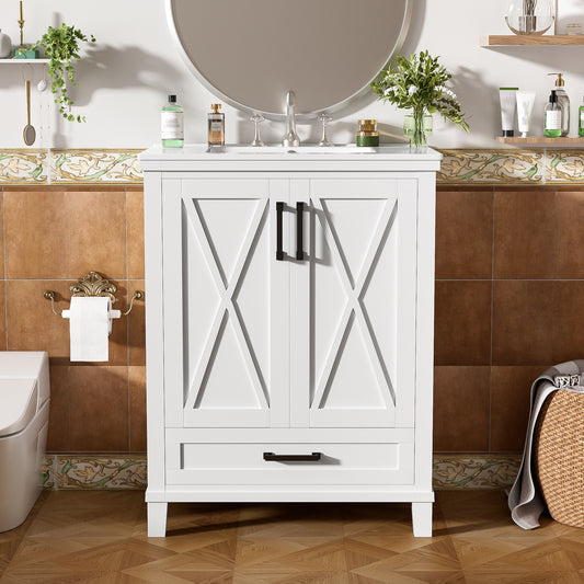 24-inch Bathroom Vanity with Single Sink, Solid Wood Frame + MDF, 2 Soft-Close Doors, 1 Divided Drawer, Dual Storage Shelves, Ample Storage Space