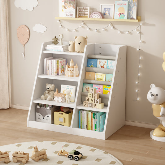 White Wooden Toy Storage Organizer Cabinet  Kids Bookshelf  Children Bookcase Toddler Baby Sling Book Rack Shelf for Playroom Bedroom Nursery Hallway School Kindergarten Living Room