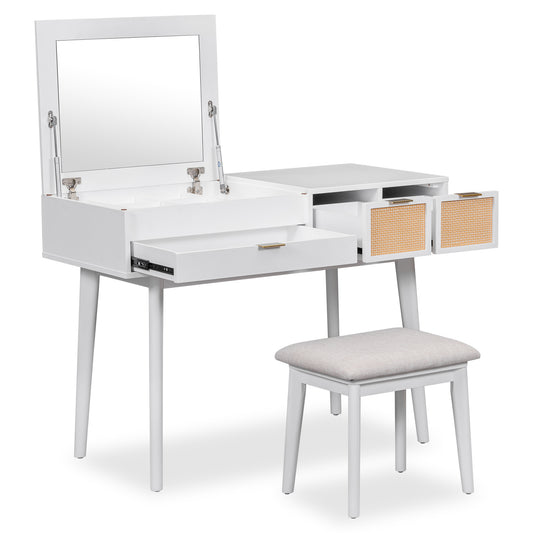 Hearth & Haven Woods Makeup Vanity Set with Flip Top Mirror and Stool, White